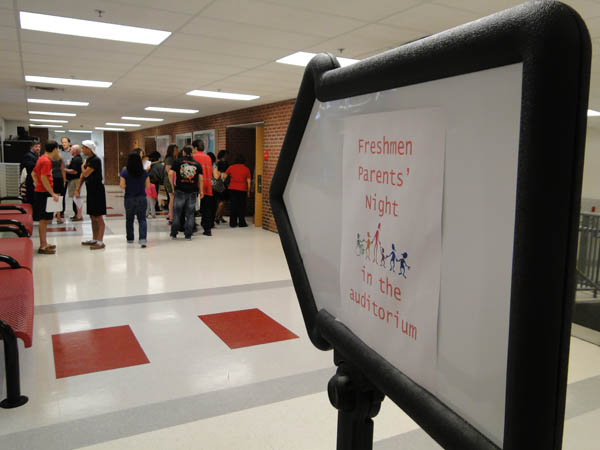 A sign was put up in the main hallway directing freshman students and their parents to the auditorium for Freshmen Parents’ Night, which was held last Wednesday, Sept. 14. 