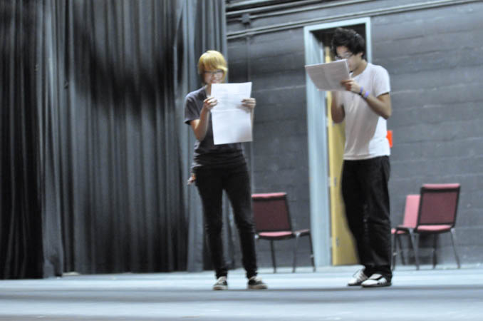 Seniors Fiona East and Danny Tran try out for the senior class act, Going to School, in the auditorium on Sept. 13.