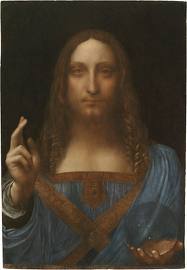 Salvator Mundi depicts Jesus Christ raising his right hand as he holds a transparent glass sphere in his left.