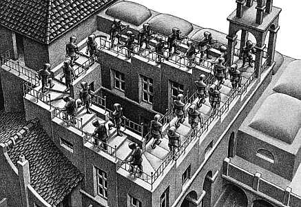 One of M.C. Escher’s famous drawings of his neverending staircase plays tricks on one’s eyes, fooling the mind to think that the staircase never ends.