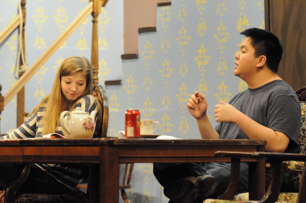 Debbie Aderton and Kevin Tran reahearse their lines after school for the upcoming play, Arsenic and Old Lace.