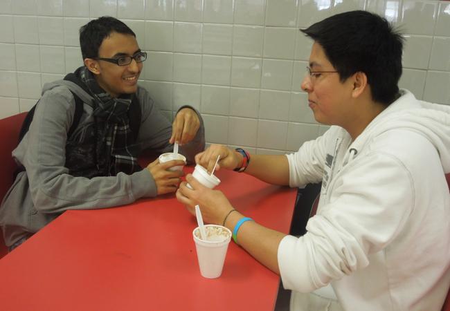 Students hang out with their colleagues and enjoy their ice cream