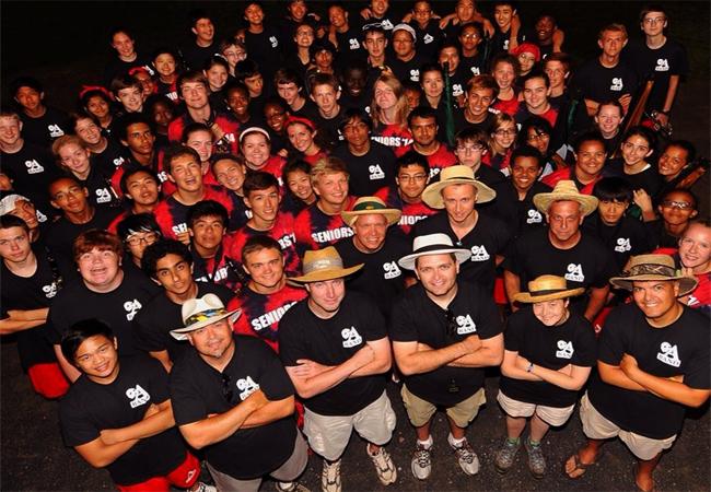 The Marching Atoms pose for a group picture at band camp.