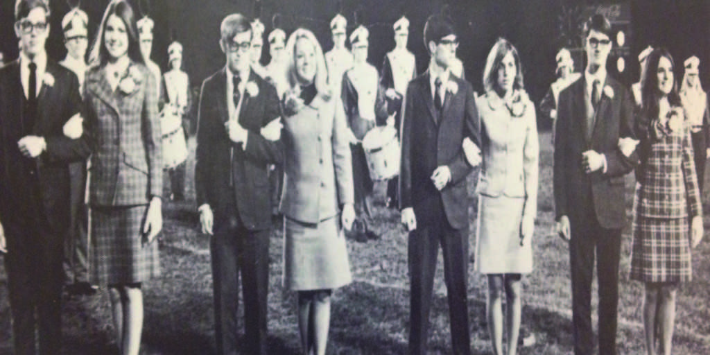 The senior homecoming court of 1968 is presented before the kickoff at the homecoming football game. The winner was later announced during half-time. To this day that tradition has remained the same. 