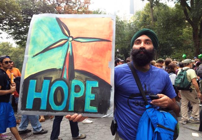This protester marched in the Peoples Climate March in NYC this September.  