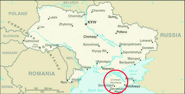 Indicated in red is the Crimean peninsula, the contested area of land on the southern coast of Ukraine. 