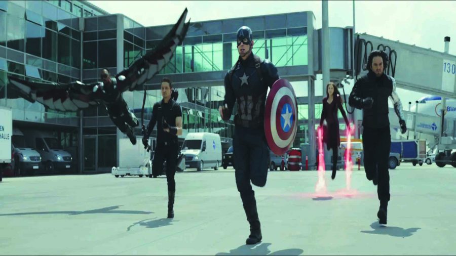 Team+Cap+%2C+consisting+of+Captain+America%2C+Winter+Soldier%2C+Scarlet+Witch%2C+Hawkeye+and+Falcon%2C+step+into+battle.