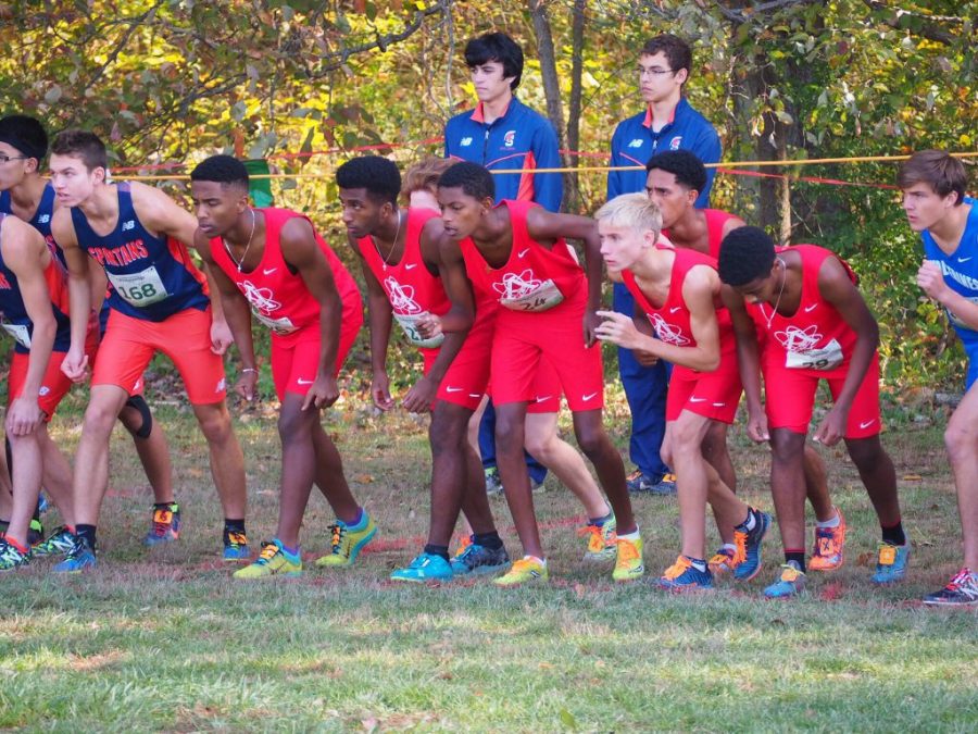 The Boys Cross Country team lines up at the starting line at the Patriot Conference Championship Meet