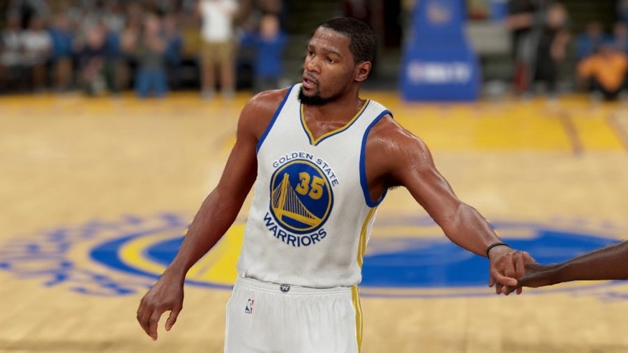 All-Star forward Kevin Durant in his new Golden State uniform on 2K17.