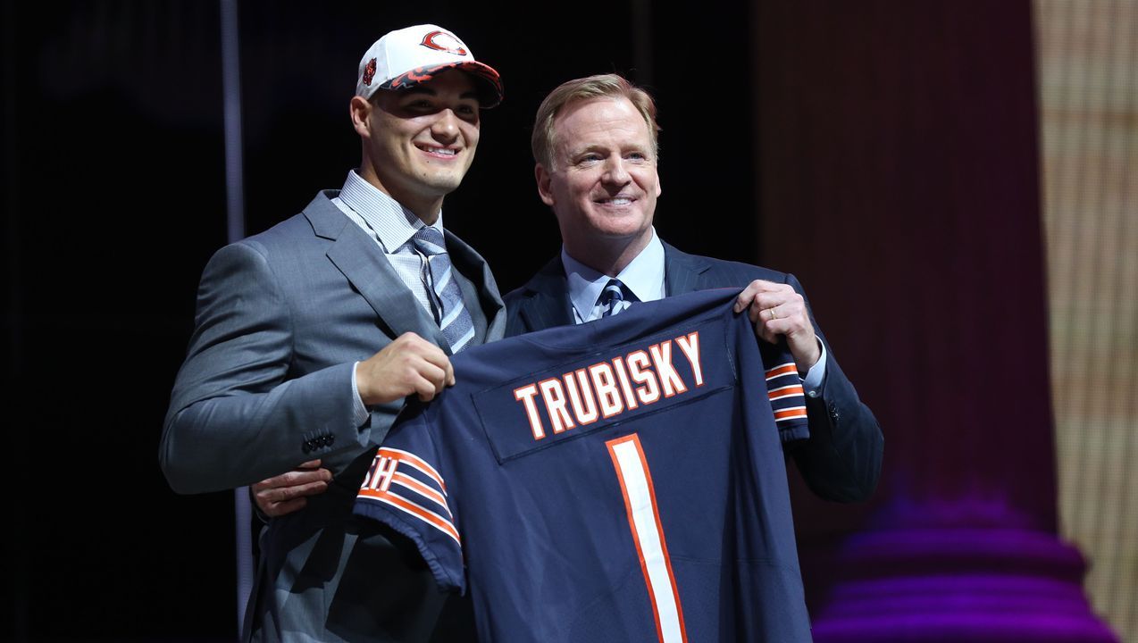 UNC quarterback Mitchell Trubisky with NFL commissioner Roger Goodell following being selected by the Chicago Bears second overall. 