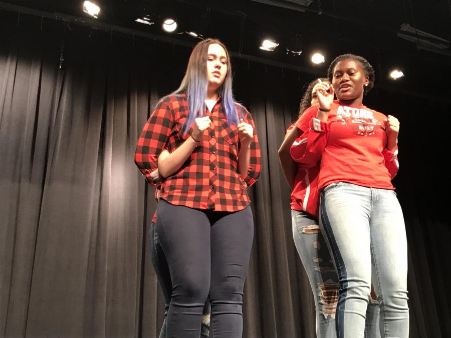 Junior Emily Trachsel is playing the arms of Junior Ioana Marin and Sophomore Makayla Collins is playing the arms of Sophomore Ave Clyburn during their improv game of arms.

