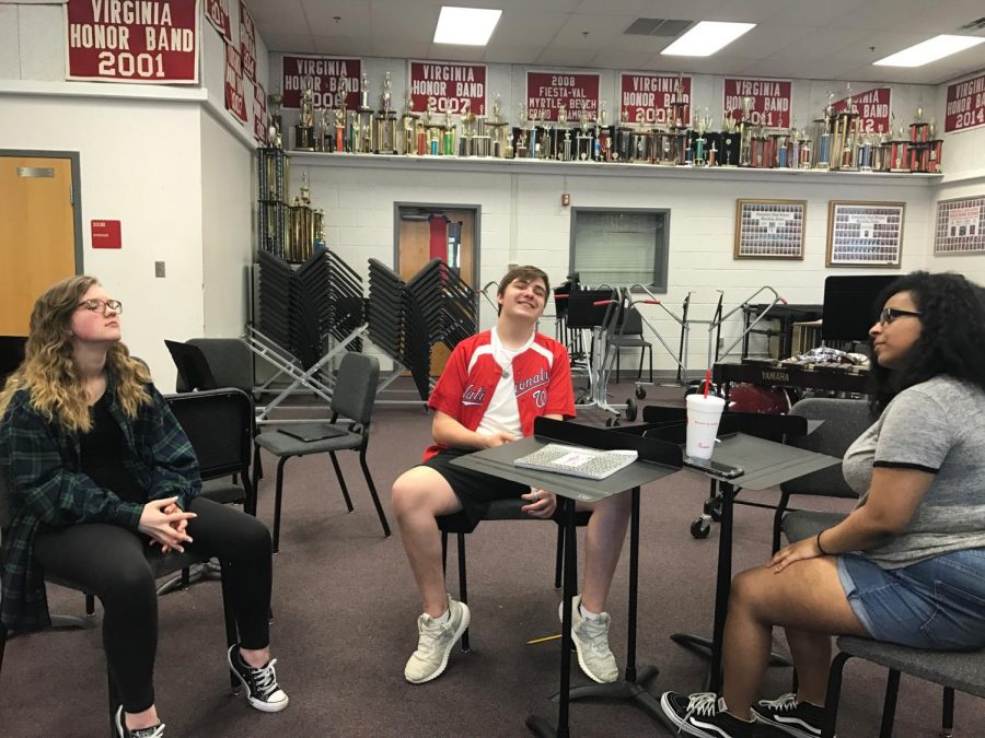 I dont care that you broke your elbow group consisting of juniors Emily Trachsel, Jeremy Berry and Feven Lebamu work on producing their play. 