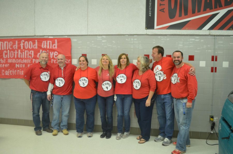 Administrative staff members dressed as Things 1-8 from Dr. Seuss book, The Cat in the Hat for last years contest