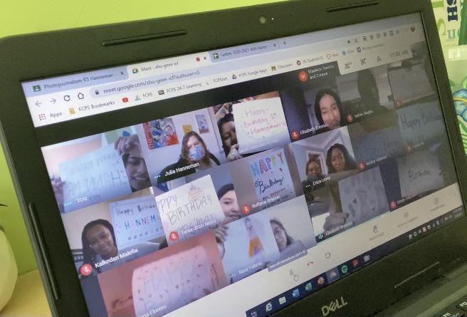 In early March, the Yearbook class surprised their adviser Julia Hanneman on her birthday when they all turned on their cameras during class in the Google Meet and held up handmade birthday cards.