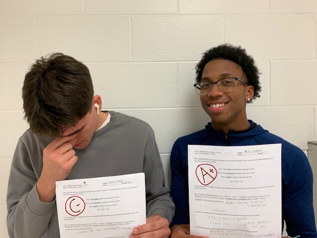 Seniors+Andrew+Nields+and+Miles+Lanham+have+very+different+reactions+to+their+new+test+grades+which+will+have+a+large+impact+on+their+final+grades.