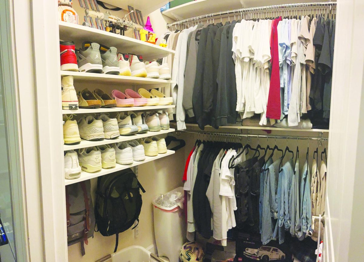 Neatly organized closet by type of clothing and color.